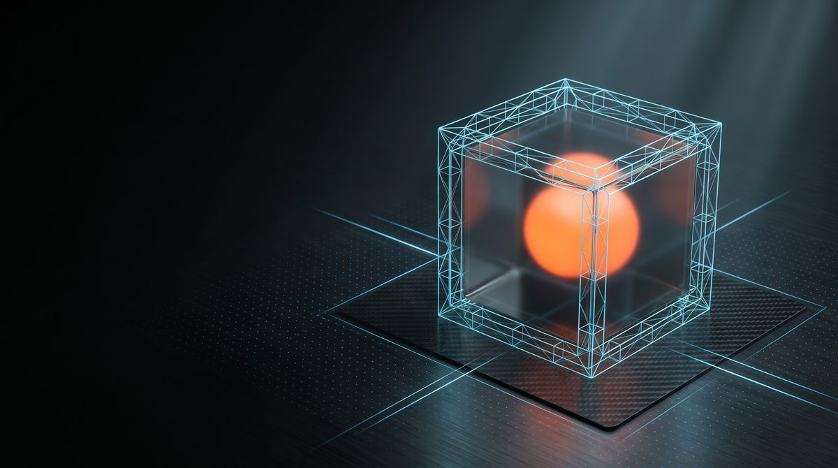 Una sfera arancione luminosa all'interno di un cubo di vetro circondato da una struttura olografica blu.